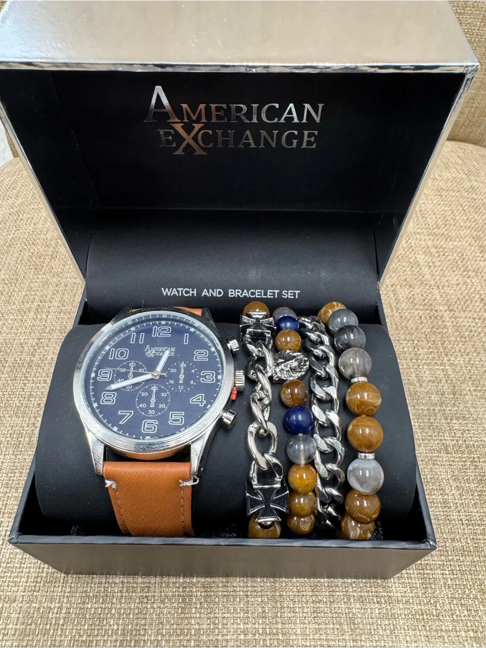 American Exchange Men's Watch & Bracelet Set Silver Tone Brown Strap